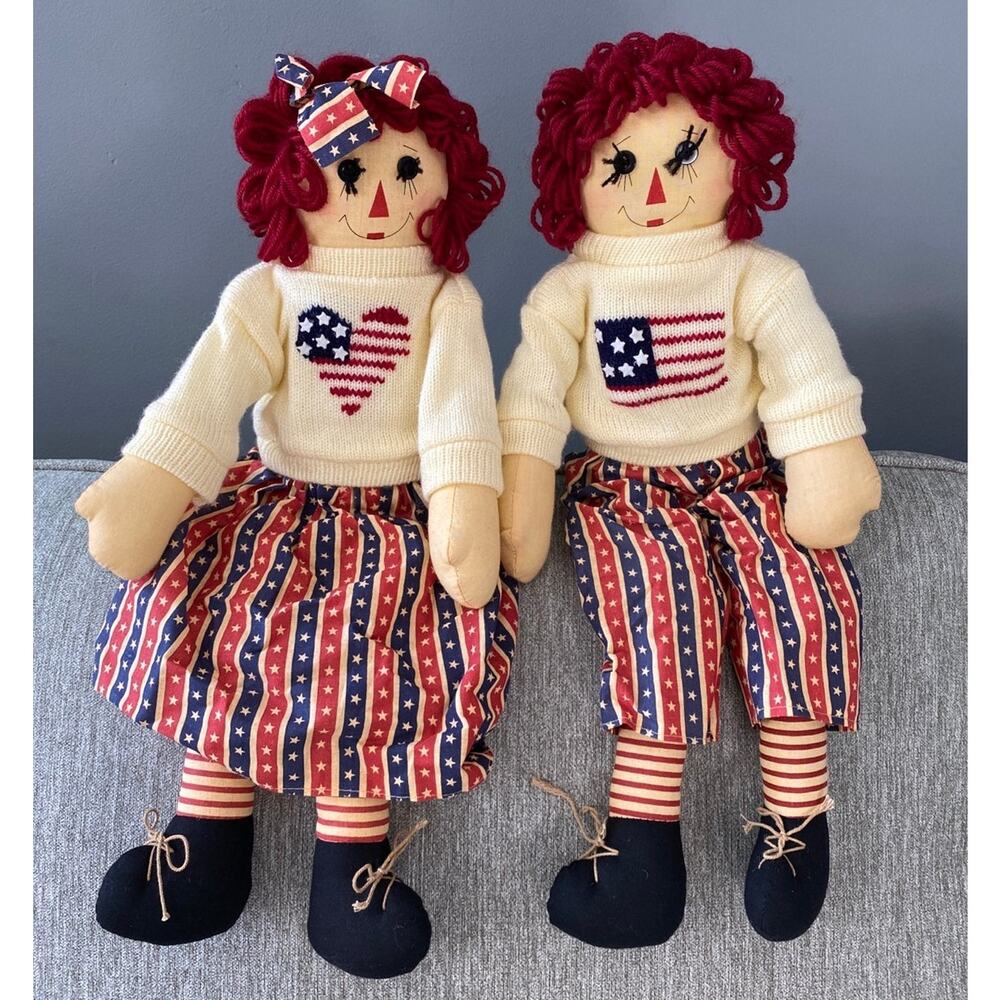 1990s Patriotic Raggedy Ann & Andy Shelf Sitting Dolls 19” Pair